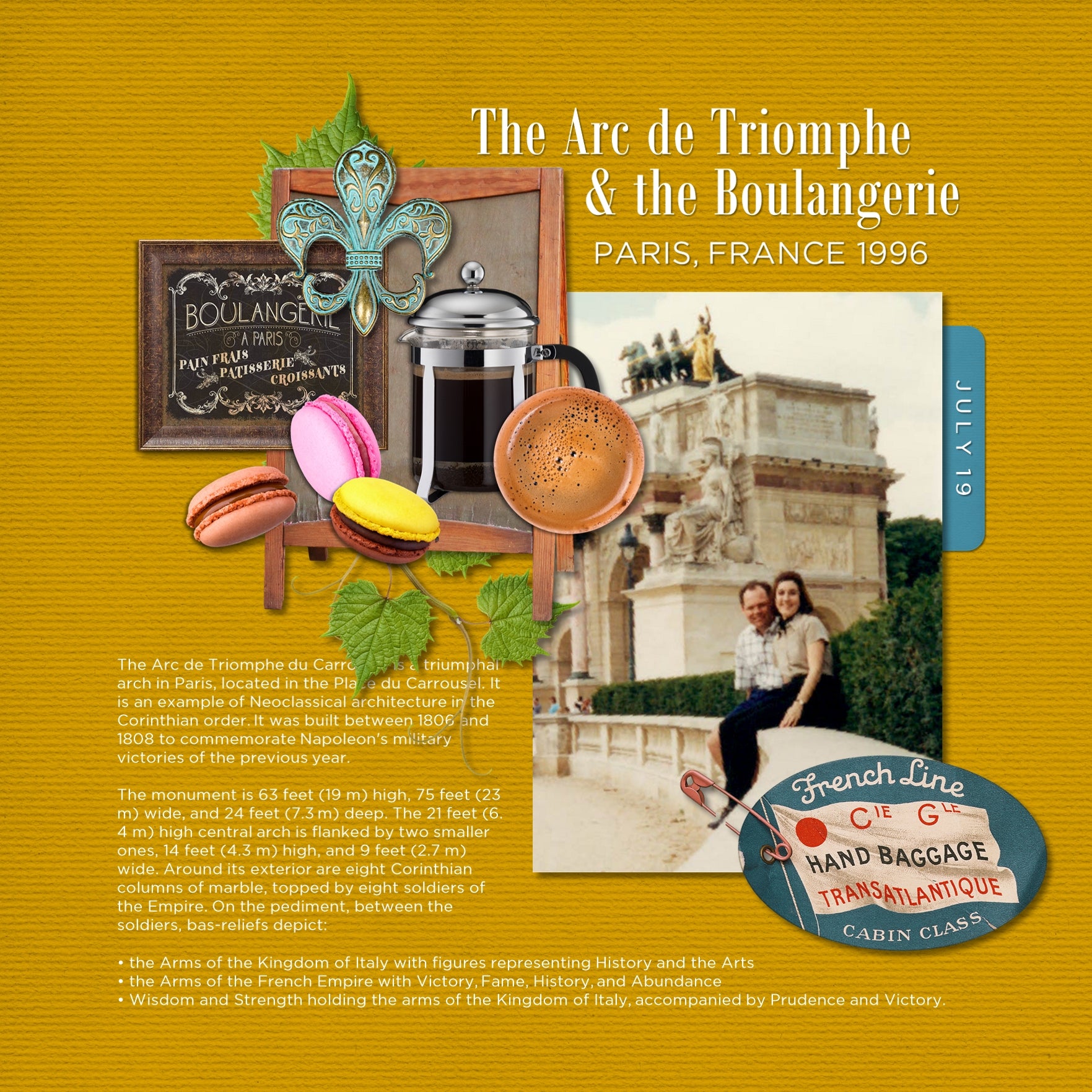Adventure and explore through France with this beautiful and realistic travel bundle filled with authentic French digital art embellishments, designer digital papers, clusters, pastry embellishments, and hotel luggage labels. Whether you have taken a holiday to France, love French cuisine, wine, or coffee shops, exploring museums, or are documenting family genealogy, this collection will authentically accent your photos.