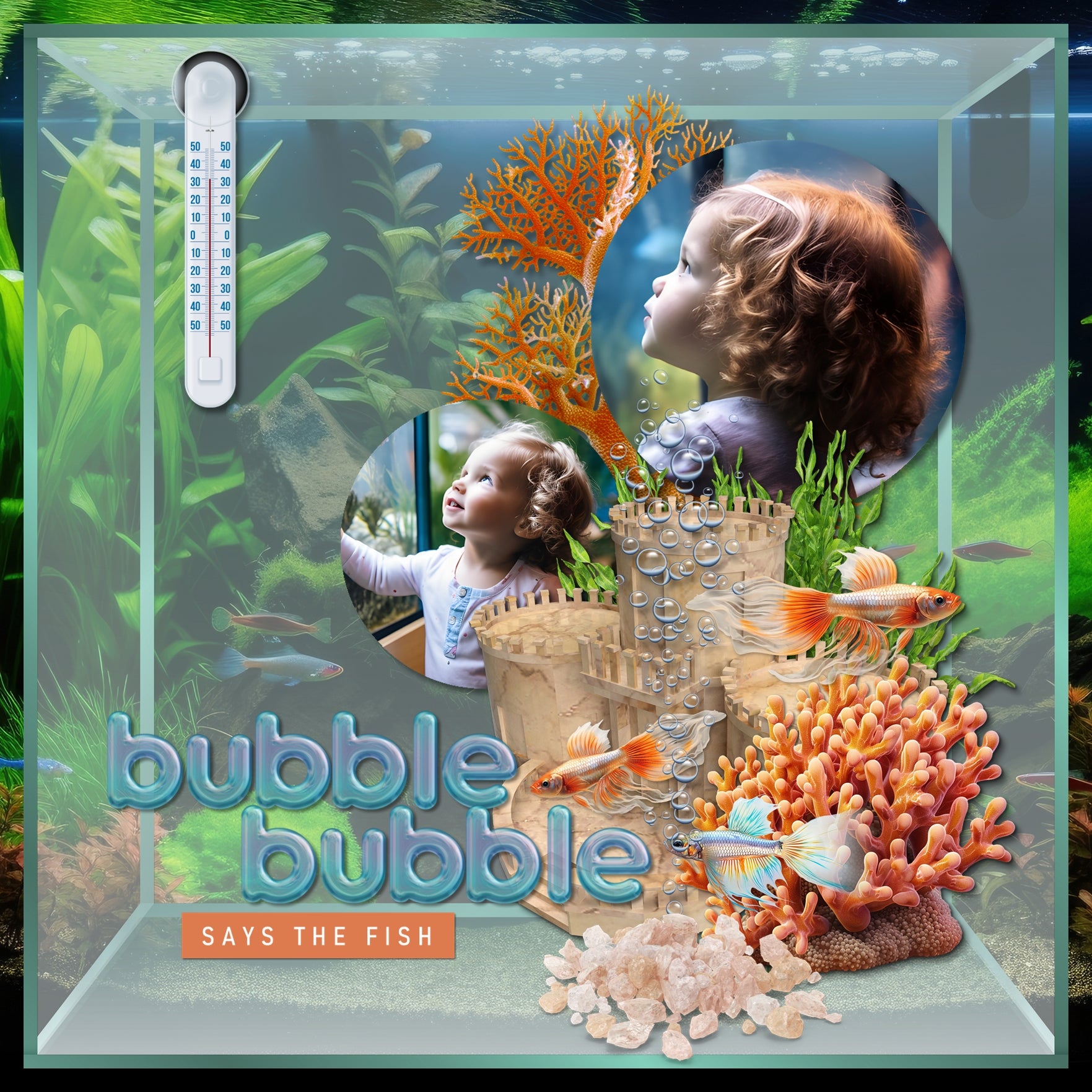 Filled with realistic freshwater aquarium flora and fauna, this digital scrapbooking clusters kit by Lucky Girl Creative digital art will add a splash of wonder to your aquarium and fish tank pages.