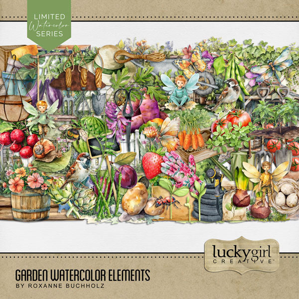Add these beautiful watercolor garden embellishments by Lucky Girl Creative digital art to all your digital scrapbooking pages. Great for all your spring, Easter, and garden pages. Embellishments include bird, ant, bee, butterfly, bug, insect, dragonfly, ladybug, snail, garden, fence, gate, basket, bird house, clothespin, compost bin, cottage, dirt, fairy, elf, fireplace, flowers, floral, bulb, vine, roses, tomato, peach, plum, strawberry, watermelon, fruit, hose, soil, seeds, seedling, shed, and more.