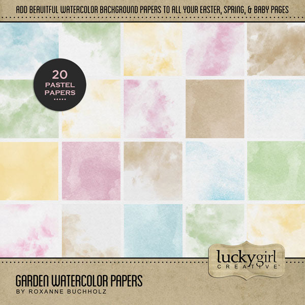 Add these beautiful pastel watercolor background papers by Lucky Girl Creative digital art to all your digital scrapbooking pages. Great for all your spring, Easter, and baby pages. Colors include pink, blue, green, yellow, and brown. This kit is NOT included in any bundle.