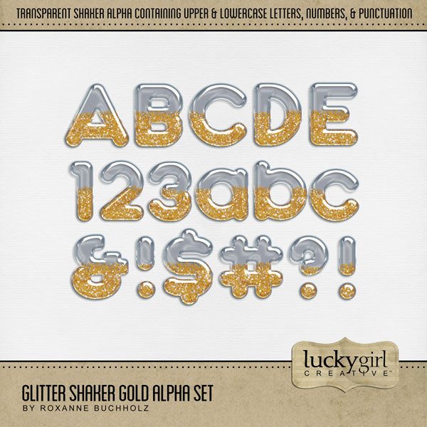 Design the cutest digital scrapbooking page titles with this transparent glitter-filled glass ornament alpha set by Lucky Girl Creative digital art. Perfect for Christmas, birthday parties, celebrations, and fun holiday pages! Remember: the glitter is easily colorized by adjusting the hue. This alpha set consists of a full set of uppercase letters A-Z, lowercase letters a-z, numbers 0-9, and most punctuation marks. This digital scrapbooking alpha set is available as individual embellishments only.