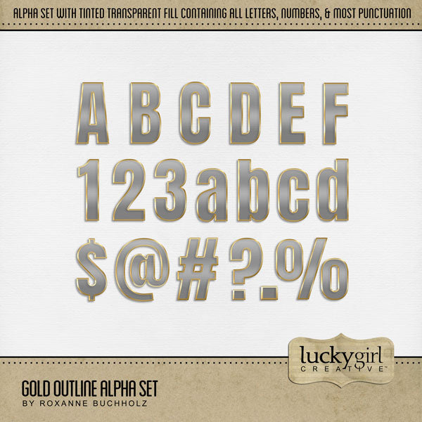 Celebrate special occasions with this beautiful silver outline alpha set by Lucky Girl Creative. The semi-transparent fill will help your titles pop off the page. Perfect for Christmas, New Year, birthday, wedding, anniversary, sports, and more!