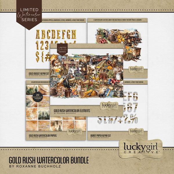 These digital scrapbooking watercolor embellishments, papers, clusters, and alpha sets by Lucky Girl Creative digital art are easy to use for western-inspired digital scrapbook page pages and outdoor and nature adventures. Use for documenting the California Gold Rush, Alaska and Yukon gold mine adventures, family history, heritage, genealogy, hiking, and camping vacations. The Gold Rush began in 1848 at Sutter's Mill. Immigrants came from around the world causing the growth of settlements and deforestation.