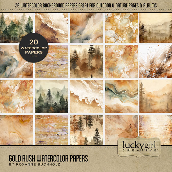 These digital scrapbooking background papers by Lucky Girl Creative are easy to use for western-inspired digital scrapbook page pages and outdoor and nature adventures. Use for documenting the California Gold Rush, gold mine adventures, hiking, and camping vacations. This kit is included in the Gold Rush Watercolor Bundle.