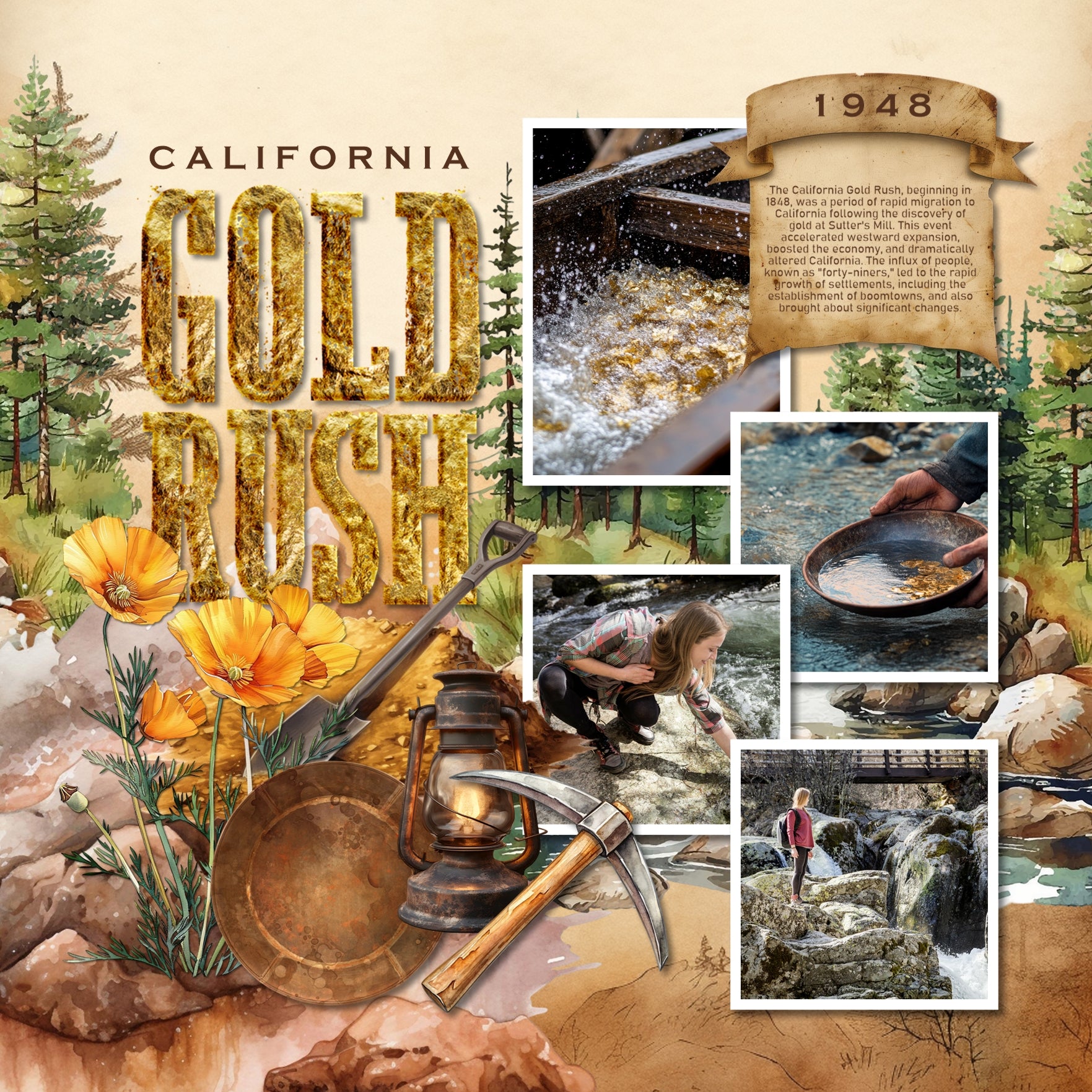 These digital scrapbooking watercolor embellishments, papers, clusters, and alpha sets by Lucky Girl Creative digital art are easy to use for western-inspired digital scrapbook page pages and outdoor and nature adventures. Use for documenting the California Gold Rush, Alaska and Yukon gold mine adventures, family history, heritage, genealogy, hiking, and camping vacations. The Gold Rush began in 1848 at Sutter's Mill. Immigrants came from around the world causing the growth of settlements and deforestation.