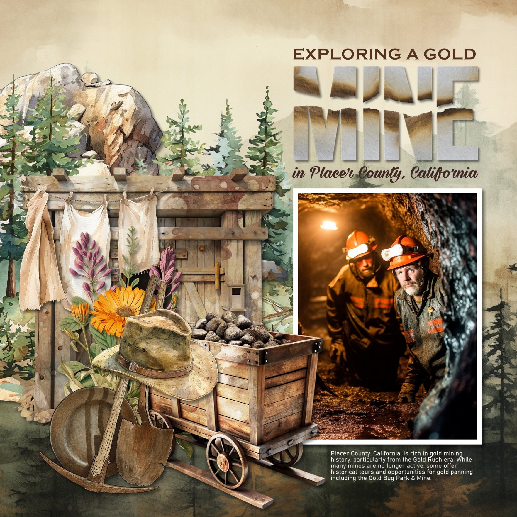 These digital scrapbooking watercolor embellishments, papers, clusters, and alpha sets by Lucky Girl Creative digital art are easy to use for western-inspired digital scrapbook page pages and outdoor and nature adventures. Use for documenting the California Gold Rush, Alaska and Yukon gold mine adventures, family history, heritage, genealogy, hiking, and camping vacations. The Gold Rush began in 1848 at Sutter's Mill. Immigrants came from around the world causing the growth of settlements and deforestation.