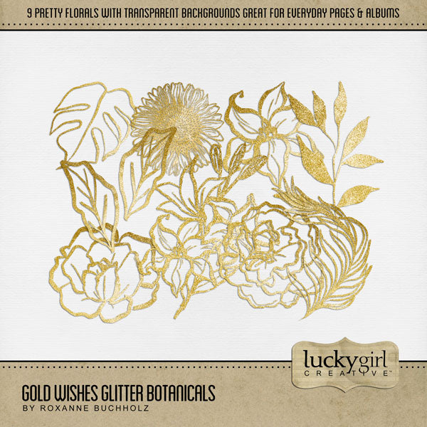 Add a touch of gold to all your digital scrapbooking page backgrounds! Great for adding sparkle and shine to any occasion including birthday, anniversary, celebration, wedding, the holidays, and more! These gold floral botanicals are hand drawn, filled with glitter, and have a transparent background perfect for layering on top of other digital papers and photos. Digital scrapbooking kit by Lucky Girl Creative digital art.