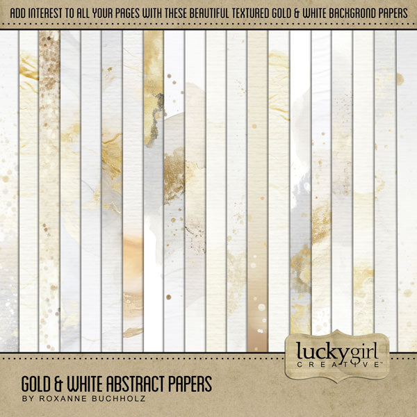 Add beautiful textured background papers by Lucky Girl Creative digital art to all your digital scrapbooking pages! In hues of gold, white, and gray, the abstract marbled papers add so much warmth and depth to all your memory keeping projects. Great for celebrations including wedding, anniversary, birthday, graduation, and more! This kit is included in the Gold & White Abstract Papers & Overlays Kit.