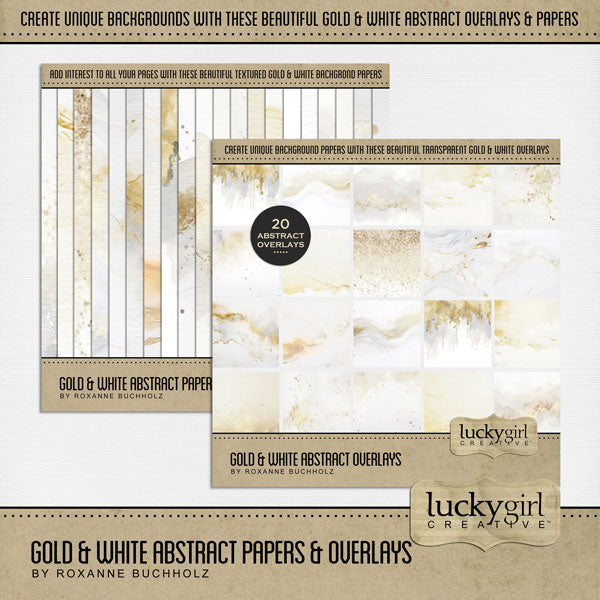 Add beautiful transparent overlays and textured papers by Lucky Girl Creative digital art to all your digital scrapbooking pages! In hues of gold, white, and gray, the abstract marbled papers and overlays add so much warmth and depth to all your memory keeping projects. Great for celebrations including wedding, anniversary, birthday, graduation, and more!