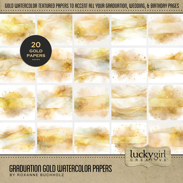 Add beautiful gold backgrounds by Lucky Girl Creative digital art to all your digital scrapbooking pages of celebration including graduation, birthday, wedding, and anniversary. This kit is included in the Graduation Watercolor Bundle.