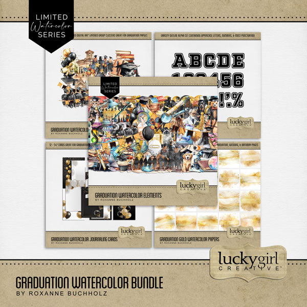 Add beautiful graduation watercolor embellishments, papers, clusters, and an alpha set by Lucky Girl Creative digital art to all your school digital scrapbooking pages and graduation party invitations showcasing your student or the graduate. Embellishments include school, university, college, architecture, building, Rottweiler dog, Golden Retriever dog, cat, balloon, banner, bunting, ribbon, book, journal, bouquet of flowers, brain, butterfly, graduation cap, graduation gown, clock, confetti, and more.