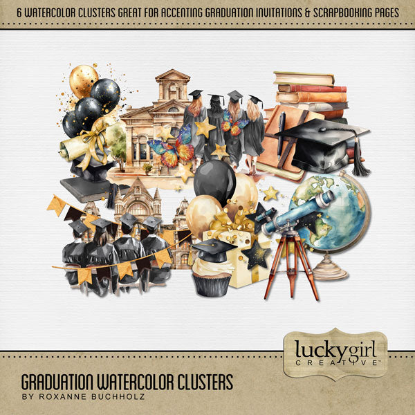 Add beautiful graduation watercolor clusters by Lucky Girl Creative digital art to all your school digital scrapbooking pages showcasing your student or the graduate. Clusters include cupcake, graduation cap, diploma, balloons, globe, telescope, school, banner, books, journal, stars, and butterfly. This kit is included in the Graduation Watercolor Bundle.