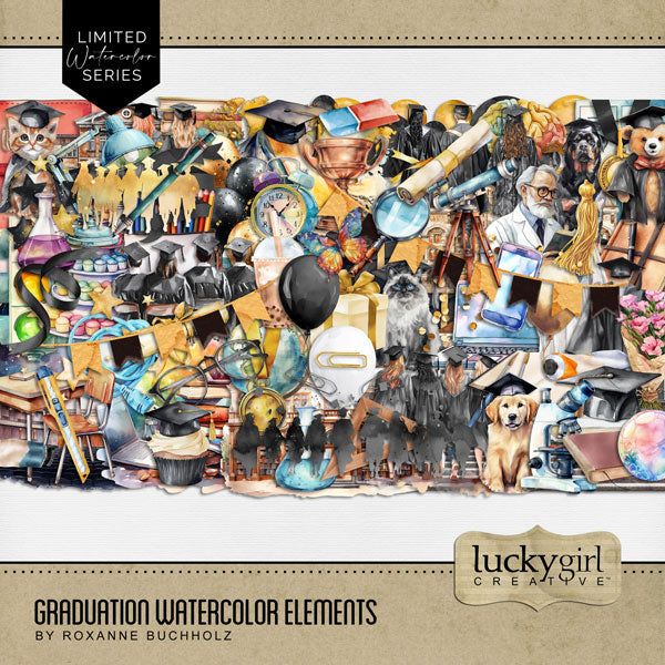 Add beautiful graduation watercolor embellishments by Lucky Girl Creative digital art to all your school digital scrapbooking pages showcasing your student or the graduate. Embellishments include school, university, college, architecture, building, Rottweiler dog, Golden Retriever dog, cat, balloon, banner, bunting, ribbon, book, journal, bouquet of flowers, brain, butterfly, graduation cap, graduation gown, clock, confetti, colored pencils, school desk, lamp, diploma, bubble tea, eraser, glasses, and more.