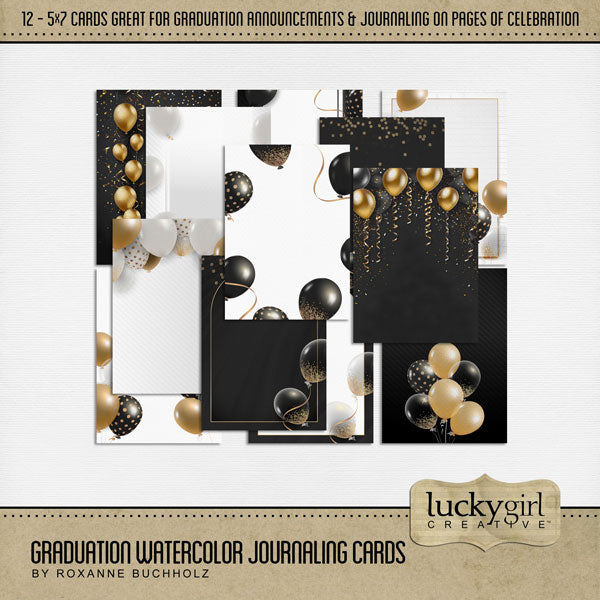 Add beautiful backgrounds to your 5x7 graduation, birthday, or anniversary party invitations or add festive journaling cards by Lucky Girl Creative digital art to all your school digital scrapbooking pages showcasing your student or the birthday boy and girl. This kit is included in the Graduation Watercolor Bundle.