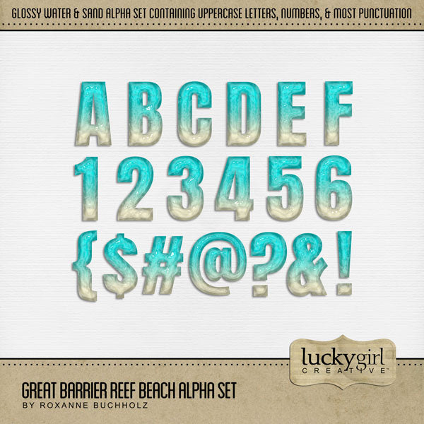Highlight your vacation memories with these beach and ocean inspired digital art alphabet letters, numbers, and punctuation by Lucky Girl Creative. Great for digital scrapbooking holidays to the beach, Great Barrier Reef, Hawaii, the Caribbean Sea, Florida, and other scuba dive, snorkel, and swim adventures.
