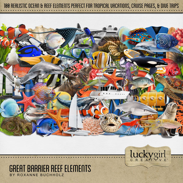 Highlight your vacation memories with these realistic underwater digital art ocean embellishments and papers by Lucky Girl Creative. Great for digital scrapbooking holidays to the beach, Great Barrier Reef, Hawaii, the Caribbean Sea, Florida, and other scuba dive, snorkel, and swim adventures. They can even be used for trips to the aquarium, sailing, and boating, too! Embellishments include crab, dolphin, eel, fish, tropical fish, angel fish, Maori fish, marlin, red snapper, tuna, and more.