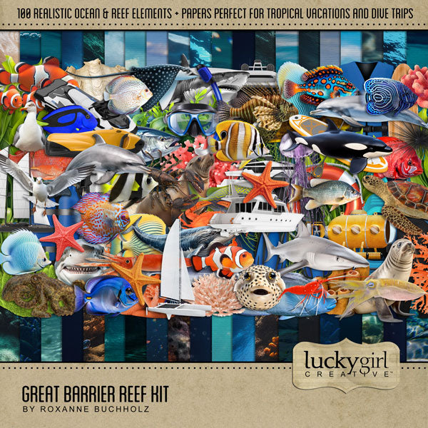 Highlight your vacation memories with these realistic underwater digital art ocean embellishments and papers by Lucky Girl Creative. Great for digital scrapbooking holidays to the beach, Great Barrier Reef, Hawaii, the Caribbean Sea, Florida, and other scuba dive, snorkel, and swim adventures. They can even be used for trips to the aquarium, sailing, and boating, too! Embellishments include crab, dolphin, eel, fish, tropical fish, angel fish, Maori fish, marlin, red snapper, tuna, and more.