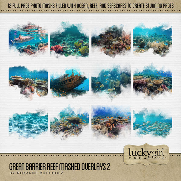 Highlight your vacation memories with these realistic underwater digital art ocean embellishments by Lucky Girl Creative. With transparent edges, these masked photographs blend seamlessly into any background paper and make the perfect backdrop for all travel, vacation, and holiday pages including trips to the beach, Great Barrier Reef, Hawaii, the Caribbean Sea, Florida, and other scuba dive, snorkel, and swim adventures. They can even be used for trips to the aquarium, sailing, and boating, too!