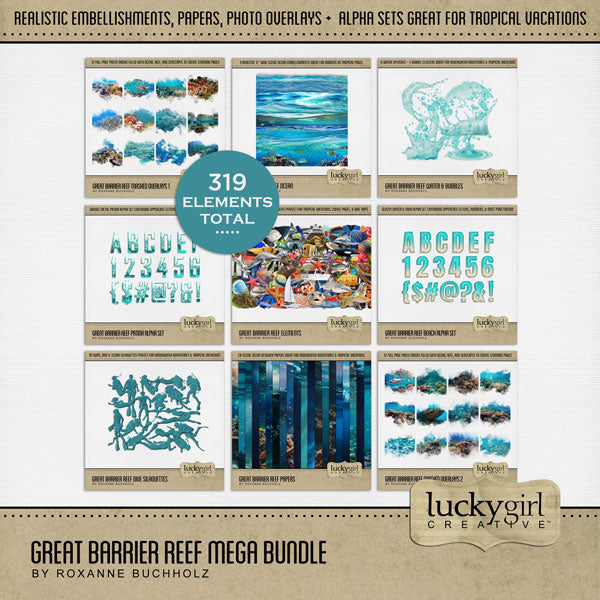 Highlight your vacation memories with these realistic underwater digital art ocean embellishments, papers, masked photo overlays, silhouettes, water splashes, and 2 alpha sets by Lucky Girl Creative. Great for digital scrapbooking holidays to the beach, Great Barrier Reef, Hawaii, the Caribbean Sea, Florida, and other scuba dive, snorkel, and swim adventures. They can even be used for trips to the aquarium, sailing, and boating, too!