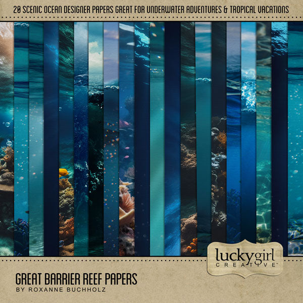 Highlight your vacation memories with these underwater digital papers by Lucky Girl Creative. Great for digital scrapbooking holidays to the beach, Great Barrier Reef, Hawaii, the Caribbean Sea, Florida, and other scuba dive, snorkel, and swim adventures. They can even be used for trips to the aquarium, too!