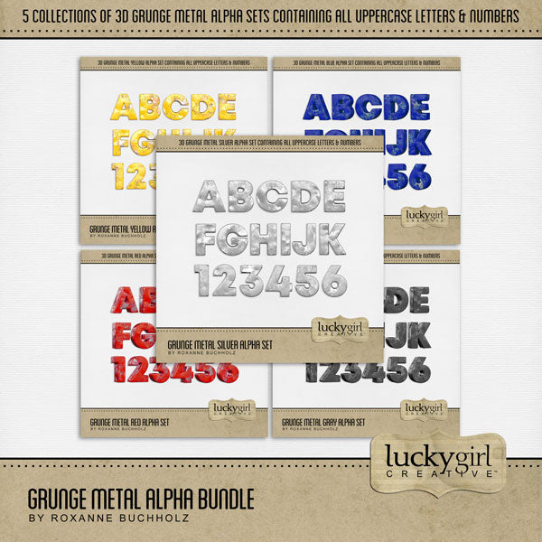 Capture the special moments of your life with these digital scrapbooking alphabet letters and numbers. Designed to coordinate with the Airport, Bus, and Train collections, this set of 5 grunge alphas add that pop to all your page titles. Get for masculine, sports, hobbies, Father's Day, and everyday pages, too! Each of the 5 Grunge Metal Alpha Sets consist of a full set of digital art uppercase letters A-Z and numbers 0-9. These alpha sets are available as individual embellishments only.