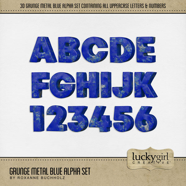 Capture the special moments of your life with these digital scrapbooking alphabet letters and numbers by Lucky Girl Creative digital art. Designed to coordinate with the Airport, Bus, and Train collections, this grunge set of alphas add that pop to all your page titles. Get for masculine, sports, hobbies, Father's Day, and everyday pages, too! The Grunge Metal Blue Alpha Set consists of a full set of digital art uppercase letters A-Z and numbers 0-9.