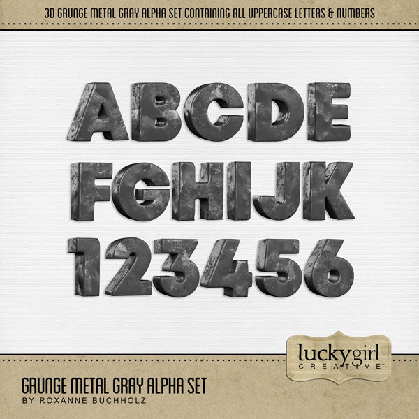 Capture the special moments of your life with these digital scrapbooking alphabet letters and numbers by Lucky Girl Creative digital art. Designed to coordinate with the Airport, Bus, and Train collections, this grunge set of alphas add that pop to all your page titles. Get for masculine, sports, hobbies, Father's Day, and everyday pages, too! The Grunge Metal Gray Alpha Set consists of a full set of digital art uppercase letters A-Z and numbers 0-9. 