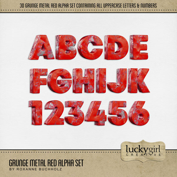 Capture the special moments of your life with these digital scrapbooking alphabet letters and numbers by Lucky Girl Creative digital art. Designed to coordinate with the Airport, Bus, and Train collections, this grunge set of alphas add that pop to all your page titles. Get for masculine, sports, hobbies, Father's Day, and everyday pages, too! The Grunge Metal Red Alpha Set consists of a full set of digital art uppercase letters A-Z and numbers 0-9. 