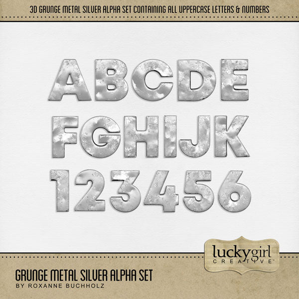 Capture the special moments of your life with these digital scrapbooking alphabet letters and numbers by Lucky Girl Creative digital art. Designed to coordinate with the Airport, Bus, and Train collections, this grunge set of alphas add that pop to all your page titles. Get for masculine, sports, hobbies, Father's Day, and everyday pages, too! The Grunge Metal Silver Alpha Set consists of a full set of digital art uppercase letters A-Z and numbers 0-9.