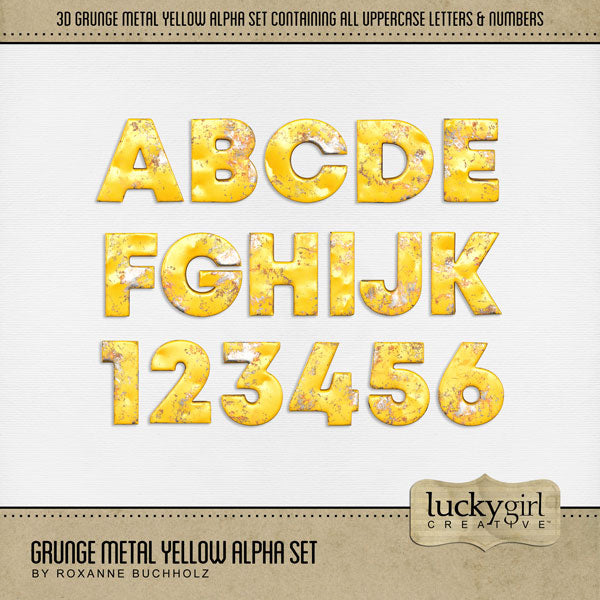 Capture the special moments of your life with these digital scrapbooking alphabet letters and numbers by Lucky Girl Creative digital art. Designed to coordinate with the Airport, Bus, and Train collections, this grunge set of alphas add that pop to all your page titles. Get for masculine, sports, hobbies, Father's Day, and everyday pages, too! The Grunge Metal Yellow Alpha Set consists of a full set of digital art uppercase letters A-Z and numbers 0-9.