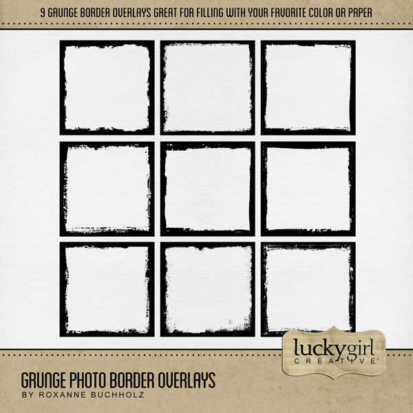 Accent your favorite photos or frame your digital scrapbook pages with these grunge overlays by Lucky Girl Creative digital art. All elements in the kit are black and easily colorized or filled with your favorite papers to fit your chosen photos. This kit is included in the Grunge Photo Transfer Mega Bundle.