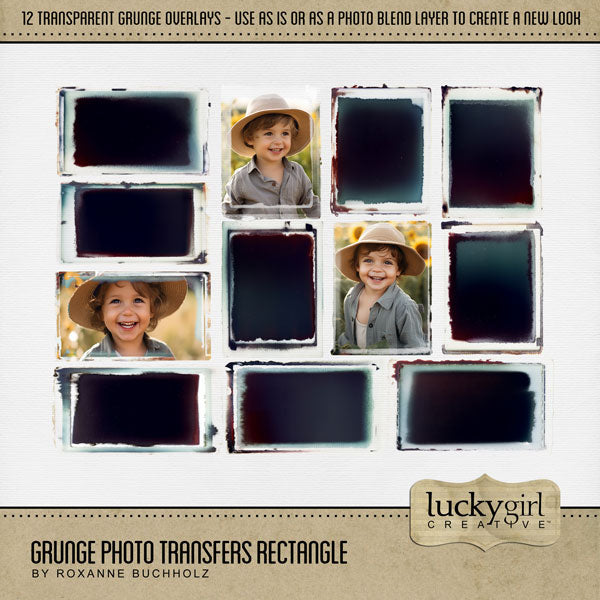 Accent your favorite photos with these digital scrapbooking grunge photo transfers by Lucky Girl Creative digital art. Great for creating fine art greeting cards and unique pieces of artwork. Simply overlay a photo of your choice on top of one of these photo transfers and apply a blend layer or use as is for a vintage feeling.