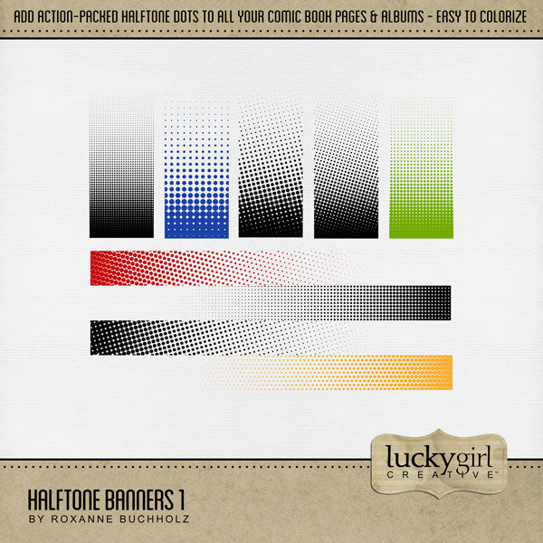 Wow! This digital scrapbooking elements kit by Lucky Girl Creative digital art is packed with action and adventure. Perfect for comic book pages, video, games, sports, Father's Day, and more! Easily colorized, these transparent halftone dotted embellishments are great for overlays on background pages and photos. Simply fill the black elements with your favorite color, gradation, paper, or photo to create a one-of-a-kind look.