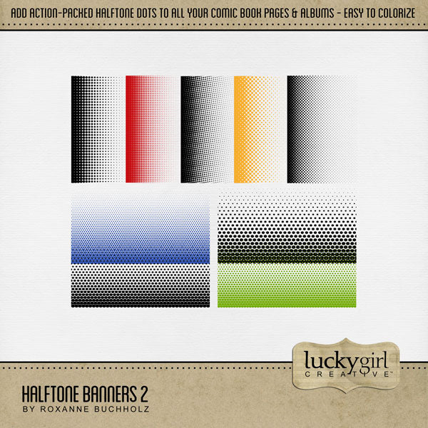 Wow! This digital scrapbooking elements kit by Lucky Girl Creative digital art is packed with action and adventure. Perfect for comic book pages, video, games, sports, Father's Day, and more! Easily colorized, these transparent halftone dotted embellishments are great for overlays on background pages and photos. Simply fill the black elements with your favorite color, gradation, paper, or photo to create a one-of-a-kind look.