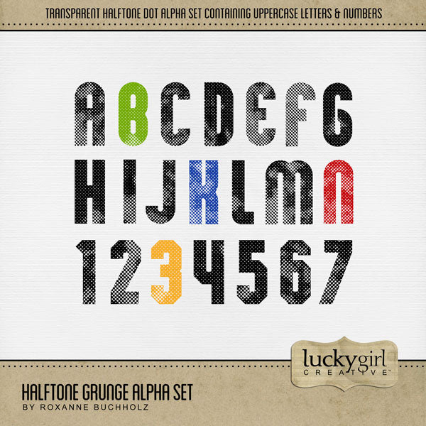Wow! This digital scrapbooking alpha set by Lucky Girl Creative digital art is packed with action and adventure. Perfect for comic book pages, video, games, sports, Father's Day, and more! Easily colorized, these transparent halftone alphabet and number embellishments are great for overlays on background pages and photos. Simply fill the black elements with your favorite color, gradation, paper, or photo to create a one-of-a-kind look.