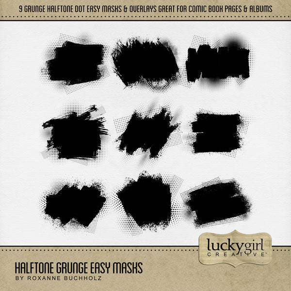 Wow! This digital scrapbooking photo masks kit by Lucky Girl Creative digital art is packed with action and adventure. Perfect for comic book pages, video, games, sports, Father's Day, and more! Easily colorized, these transparent halftone dotted embellishments are great for overlays on background pages and photos. Simply fill the black elements with your favorite color, gradation, paper, or photo to create a one-of-a-kind look.