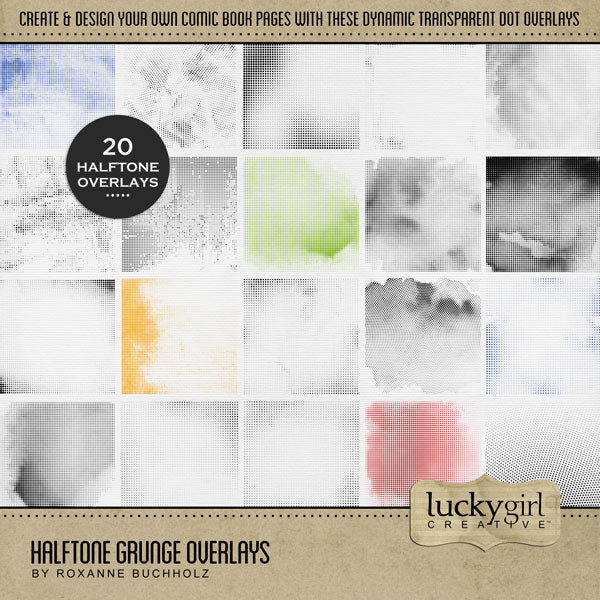 Wow! This digital scrapbooking grunge overlay kit by Lucky Girl Creative digital art is packed with action and adventure. Perfect for comic book pages, video, games, sports, Father's Day, and more! Easily colorized, these transparent halftone dotted embellishments are great for overlays on background pages and photos. Simply fill the black elements with your favorite color, gradation, paper, or photo to create a one-of-a-kind look.