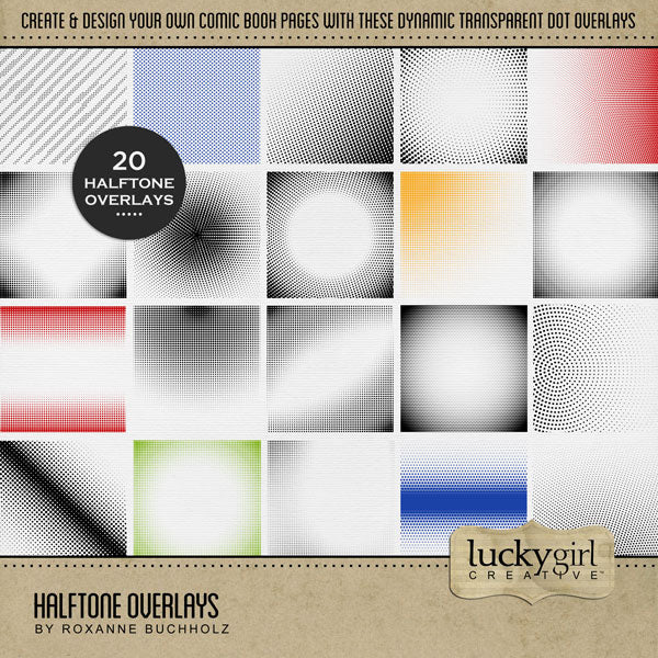 Wow! This digital scrapbooking overlay kit by Lucky Girl Creative digital art is packed with action and adventure. Perfect for comic book pages, video, games, sports, Father's Day, and more! Easily colorized, these transparent halftone dotted embellishments are great for overlays on background pages and photos. Simply fill the black elements with your favorite color, gradation, paper, or photo to create a one-of-a-kind look.