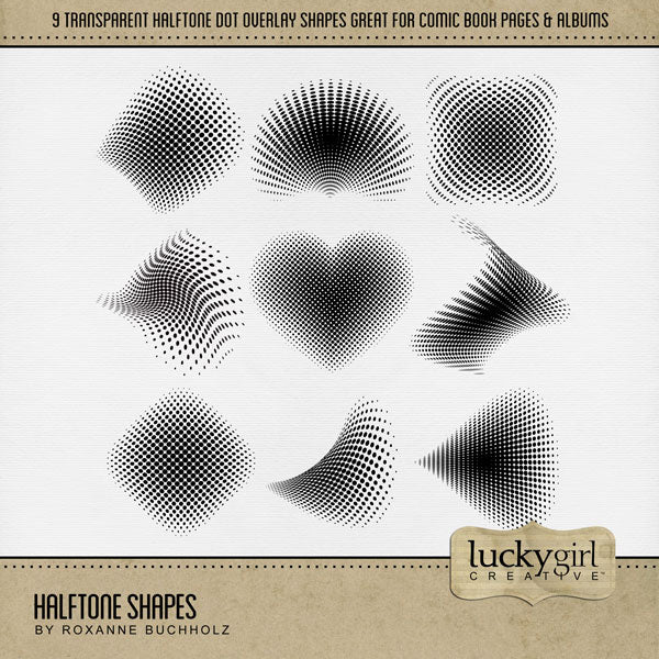 Wow! This digital scrapbooking elements kit by Lucky Girl Creative digital art is packed with action and adventure. Perfect for comic book pages, video, games, sports, Father's Day, and more! Easily colorized, these transparent halftone dotted embellishments are great for overlays on background pages and photos. Simply fill the black elements with your favorite color, gradation, paper, or photo to create a one-of-a-kind look.