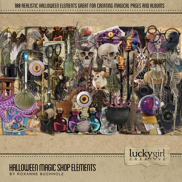 This magical digital art kit by Lucky Girl Creative is full of realistic Halloween embellishments. Inspired by vintage apothecary and alchemy, this collection also has a touch of the wizarding world of Harry Potter.  Embellishments include alchemy cards, bats, crow, raven, owl, frog, snail, spider, rat, mouse, skeletons, book of magic spells, antique books, candles, cauldron, tombstone, gravestone, and more!