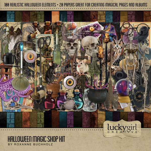 This magical digital art kit by Lucky Girl Creative is full of realistic Halloween embellishments and grunge papers. Inspired by vintage apothecary and alchemy, this collection also has a touch of the wizarding world of Harry Potter.  Embellishments include alchemy cards, bats, crow, raven, owl, frog, snail, spider, rat, mouse, skeletons, book of magic spells, antique books, candles, cauldron, tombstone, gravestone, and more!