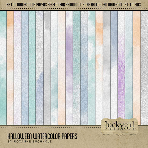 Capture the Halloween fun with these versatile digital scrapbooking watercolor background papers by Lucky Girl Creative digital art. Create unique Halloween pages, greeting cards, and decor by layering with the other embellishments from the Halloween Watercolor collection. Great for everyday use, too! This kit is included in the Halloween Watercolor Bundle.