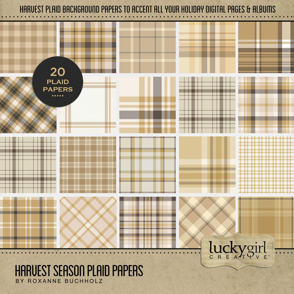 Accent your autumn greeting cards and traditional seasonal pages with these plaid tartan papers in tones of yellow, brown, tan, and cream by Lucky Girl Creative digital art for digital scrapbooking. Great for Thanksgiving, fall, autumn, hay rides, pumpkin patch, fall festivals, and more! This kit is included in the Harvest Season Papers Bundle.