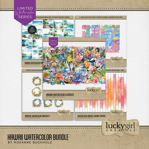 Add these beautiful watercolor digital scrapbooking embellishments and papers by Lucky Girl Creative digital art to all your Hawaiian, Caribbean, summer, and tropical digital scrapbooking pages and albums! Great for vacations to Hawaii, Caribbean, the South Pacific, Polynesia, and other tropical locations. Embellishments include flamingo, parrot, crab, dolphin, fish, marlin, gecko, octopus, oyster, lizard, iguana, sea turtle, sting ray, fish, whale, luau, orca, bamboo, beach towel, cruise ship, and more.