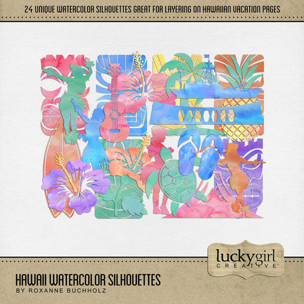 Add these beautiful watercolor digital scrapbooking silhouette embellishments by Lucky Girl Creative digital art to all your Hawaiian, Caribbean, summer, and tropical digital scrapbooking pages and albums! Great for vacations to Hawaii, Caribbean, the South Pacific, Polynesia, and other tropical locations. Embellishments include flower, Hibiscus, flip flops, state shape of Hawaii, hula girls, palm tree, Pearl Harbor, USS Arizona, Pearl Harbor Memorial, pineapple, sea turtle, surfboard, volcano, and tiki. Th