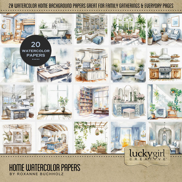 These digital scrapbooking background papers by Lucky Girl Creative digital art are great for documenting your memories of house, home, family, and friends. Interior rooms feature children's bedroom, baby nursery, closet, bathroom, living room, hallway, office, kitchen, greenhouse, bar, vanity, windows, sunroom, and more. This kit is included in the House & Home Watercolor Bundle.