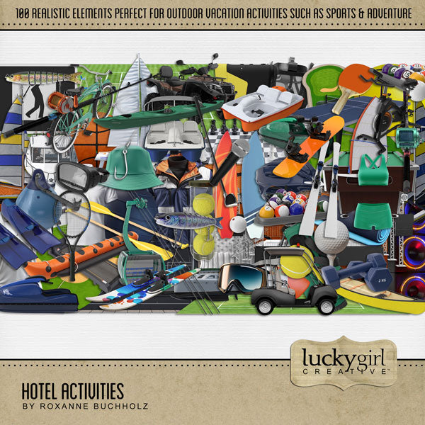 Great for vacations and holidays, these realistic digital scrapbooking embellishments by Lucky Girl Creative digital art will add that realistic touch to all your pages featuring outdoor adventures and indoor fun. From summer to winter, these various sports and activities have got you covered!