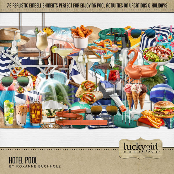 Great for vacations and holidays, these realistic digital scrapbooking pool embellishments by Lucky Girl Creative digital art will add that realistic touch to all your pages featuring poolside adventures and lounging in the sun. Also great for those that love playing in the tropical water, have a pool in their home, cruise ships, or enjoy waterslides and waterparks.