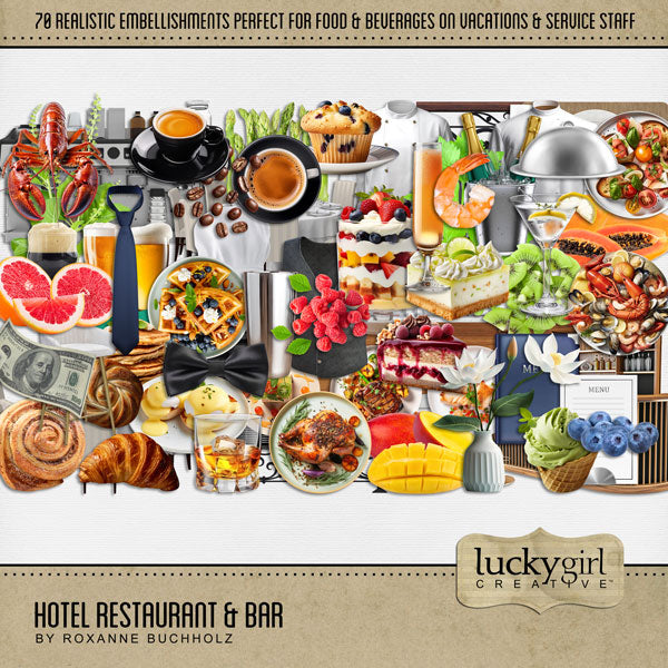 Great for vacations and holidays, these realistic digital scrapbooking food and beverage embellishments by Lucky Girl Creative digital art will add that realistic touch to all your pages featuring fine dining and cocktail sipping. Also perfect for dinner out in your favorite restaurant or hanging out in the coffee shop, pub, or bar.