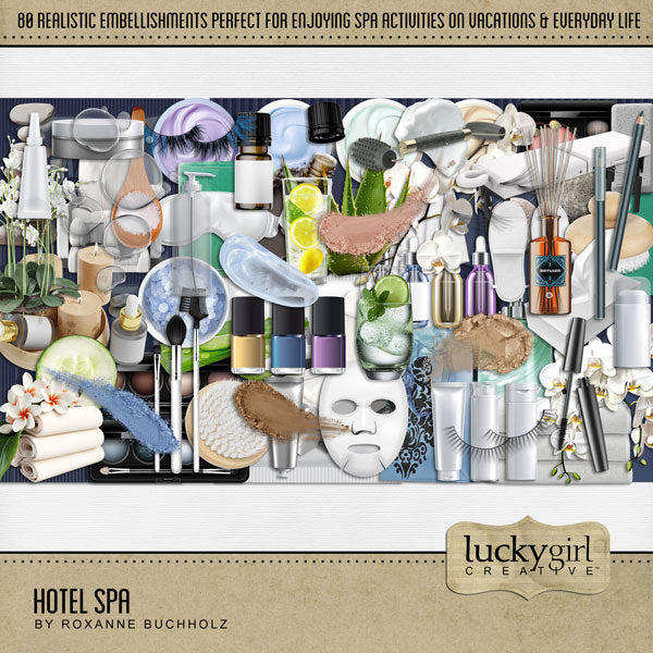 Great for vacations and holidays, these realistic spa digital scrapbooking embellishments by Lucky Girl Creative digital art will add that realistic touch to all your pages featuring opportunities for you to relax and rejuvenate. Also great for those in the health and wellness industry such as massage therapists, manicurists, and pedicurists as well as special gifts for Mother's Day!
